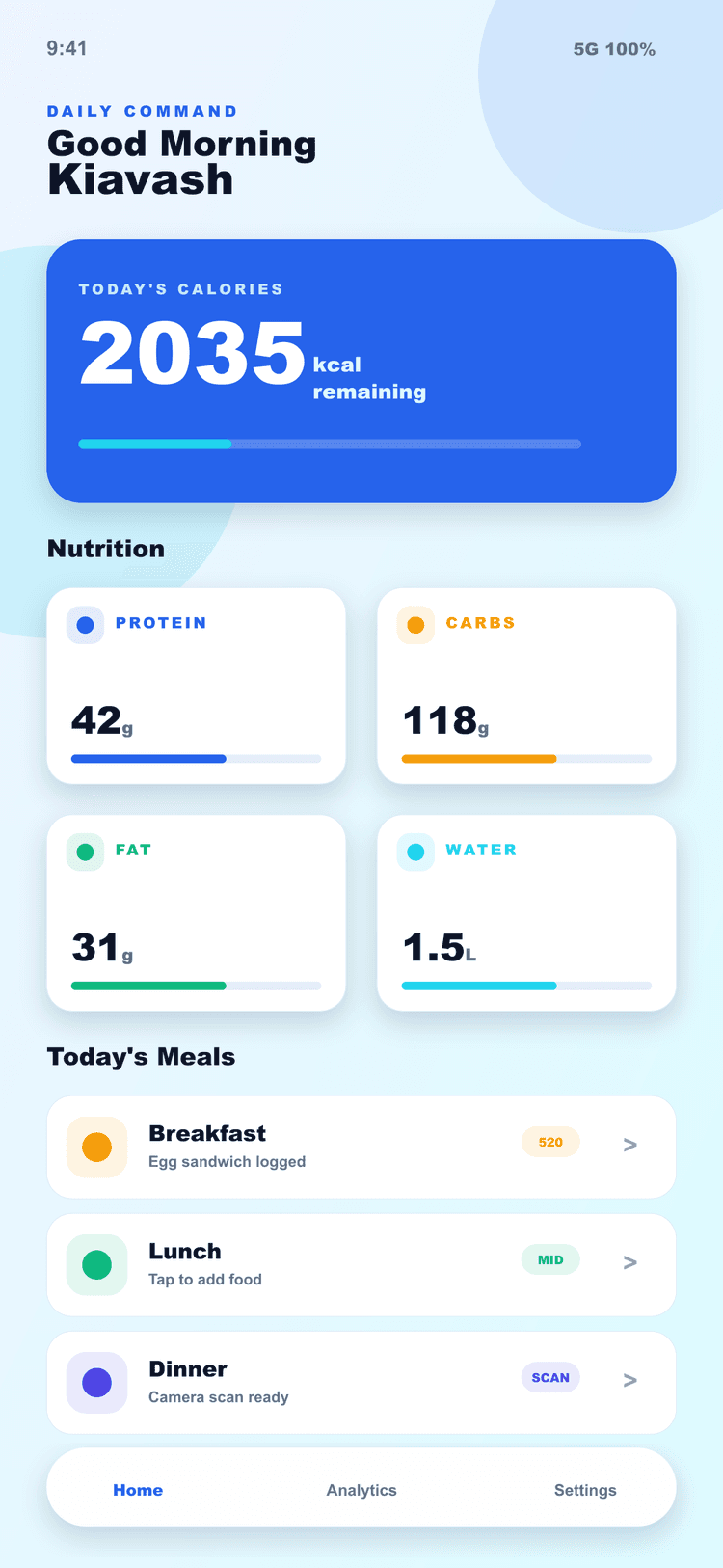 Calibite food tracker dashboard - calorie tracking and meal logging interface